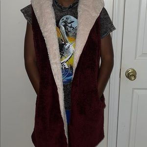 Burgundy Teddy Vest with Tan Fuzzy Interior.
